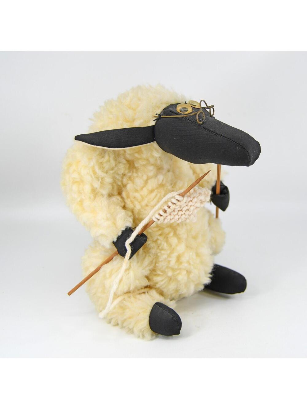 Vintage Knitting Sheep Fabric Sculpture Figurine Handmade Folk Art Humor Novelty